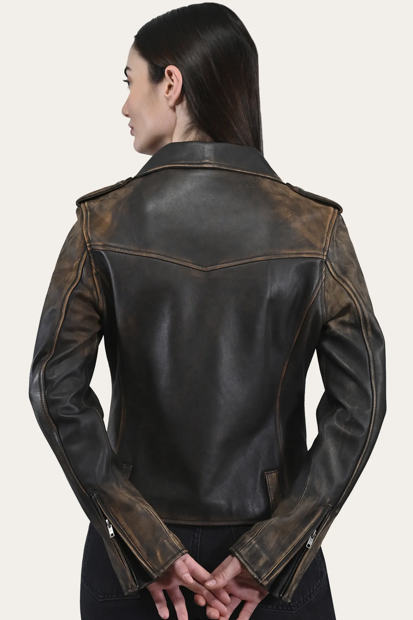 Best Sale Frye Authentic Soft Lamb Crackle Leather Biker Jacket Brown