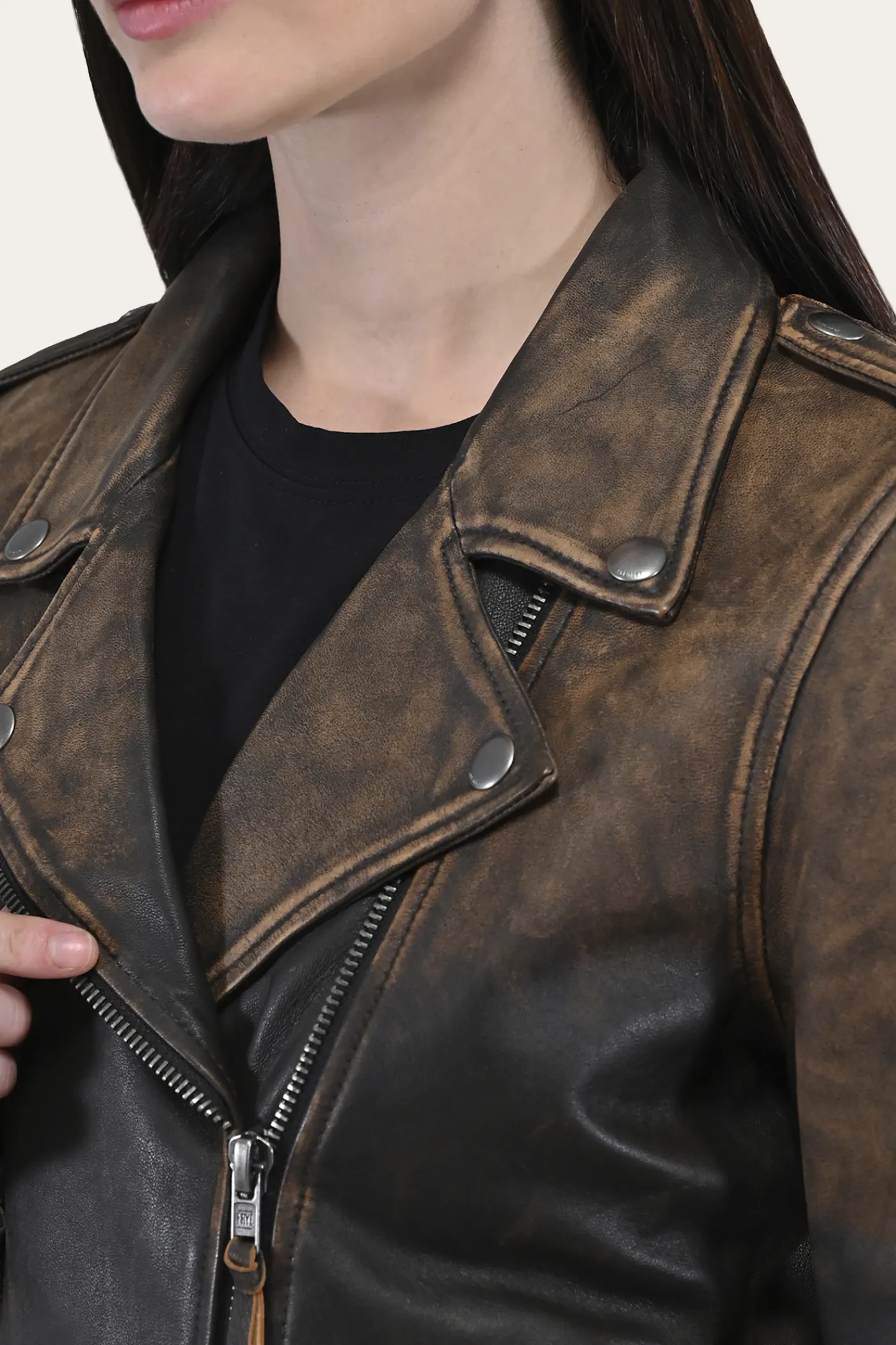 Best Sale Frye Authentic Soft Lamb Crackle Leather Biker Jacket Brown