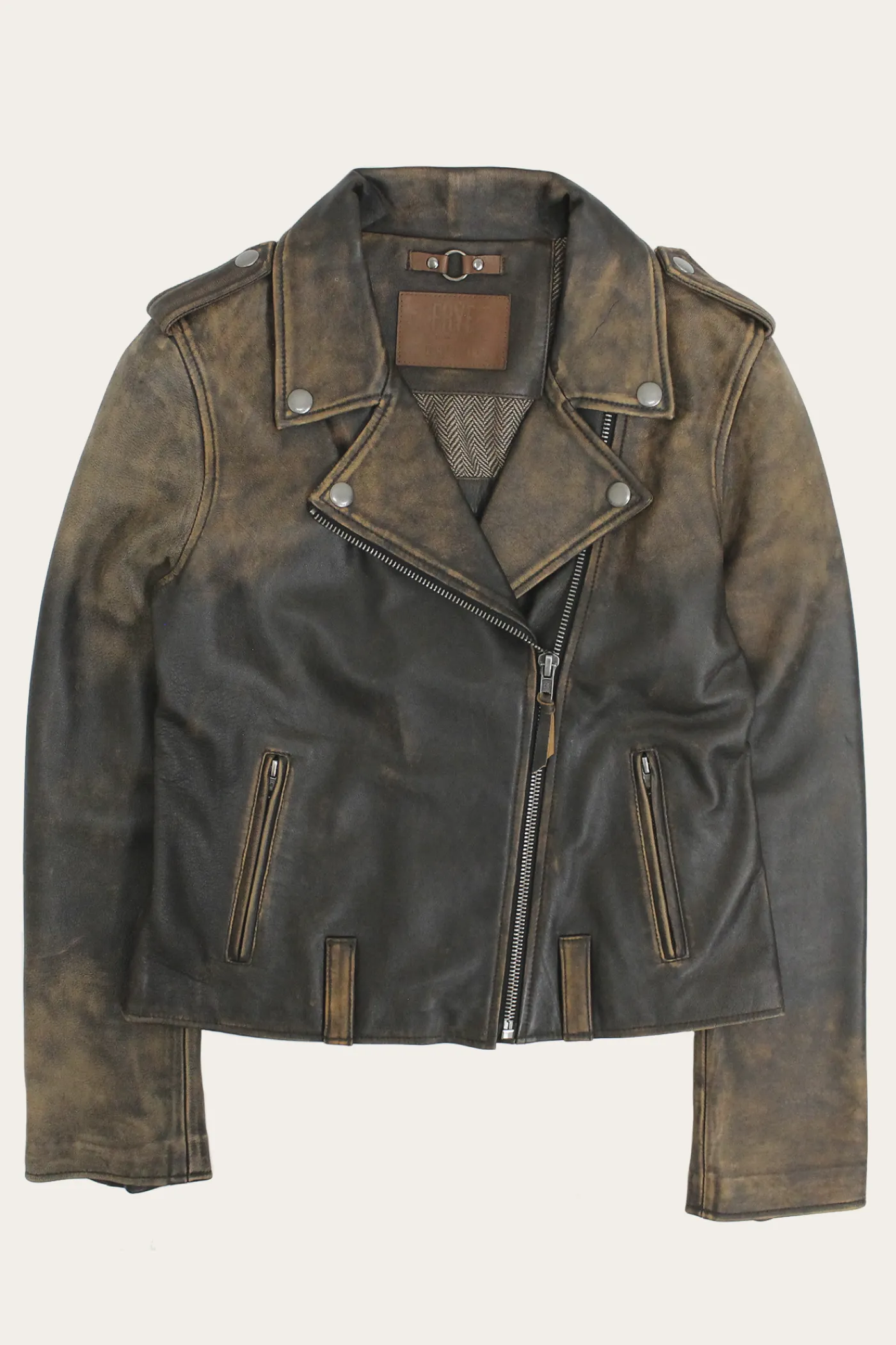 Best Sale Frye Authentic Soft Lamb Crackle Leather Biker Jacket Brown