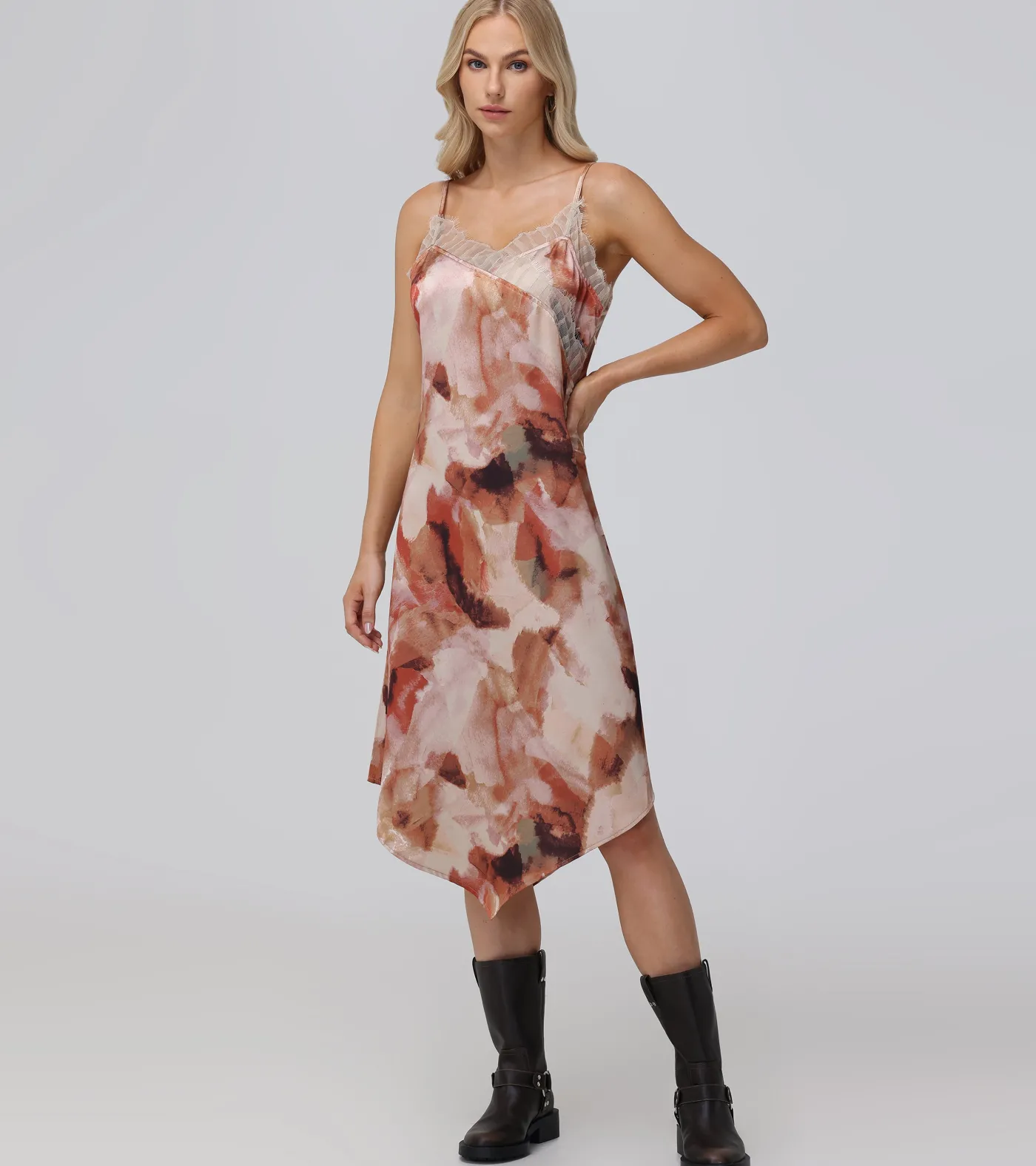 Fashion Frye Charmeuse Lace Trim Slip Midi Dress