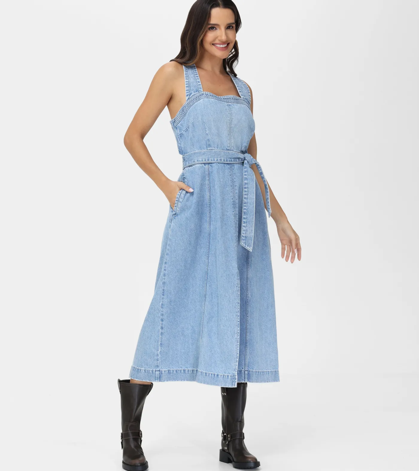 New Frye Criss-cross Maxi Denim Dress Paradise Wash