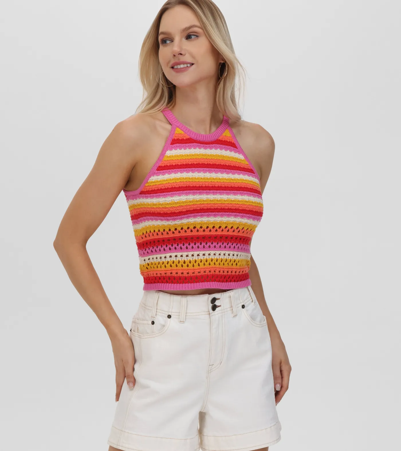 Flash Sale Frye Crochet Striped Halter Neck Tank Bleached Sand Combo
