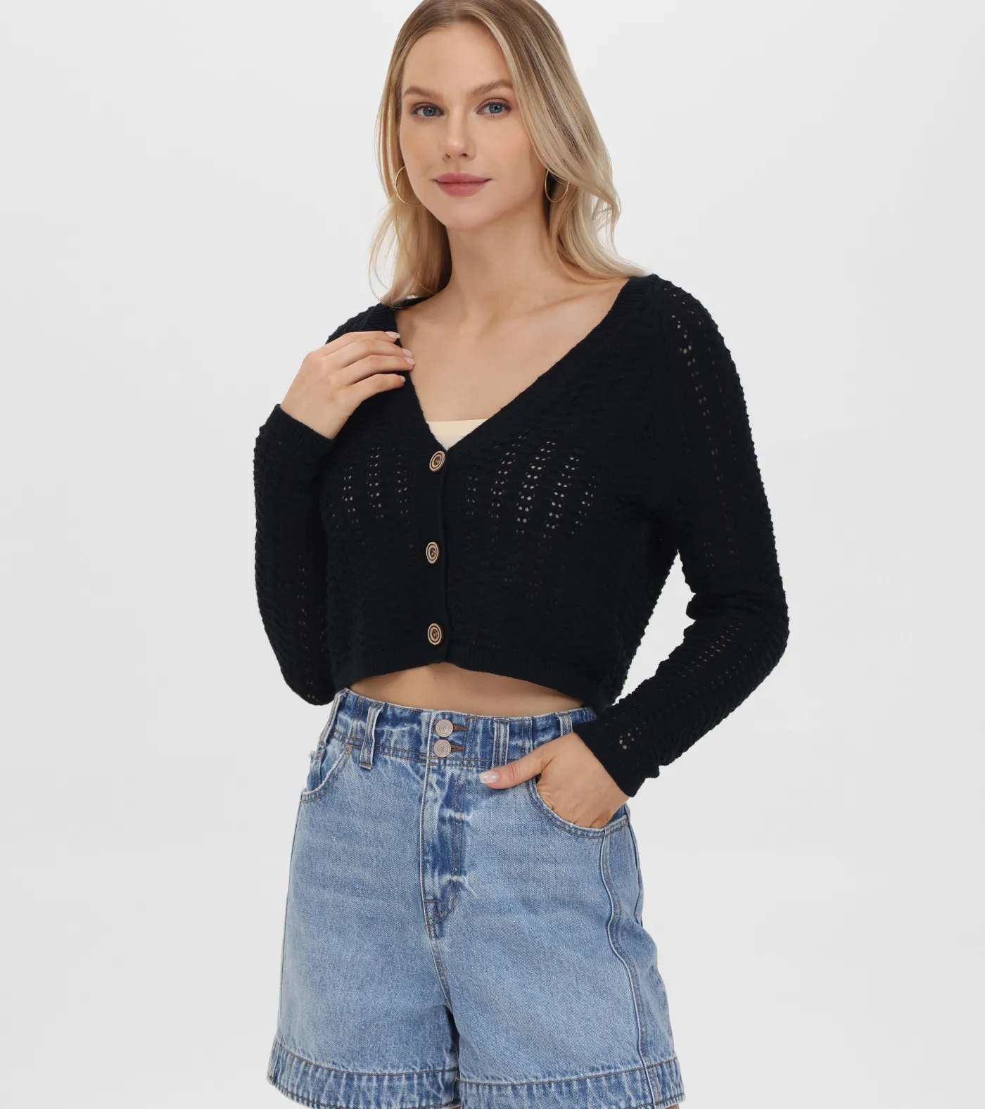 Online Frye Cropped Crochet V-Neck Cardigan
