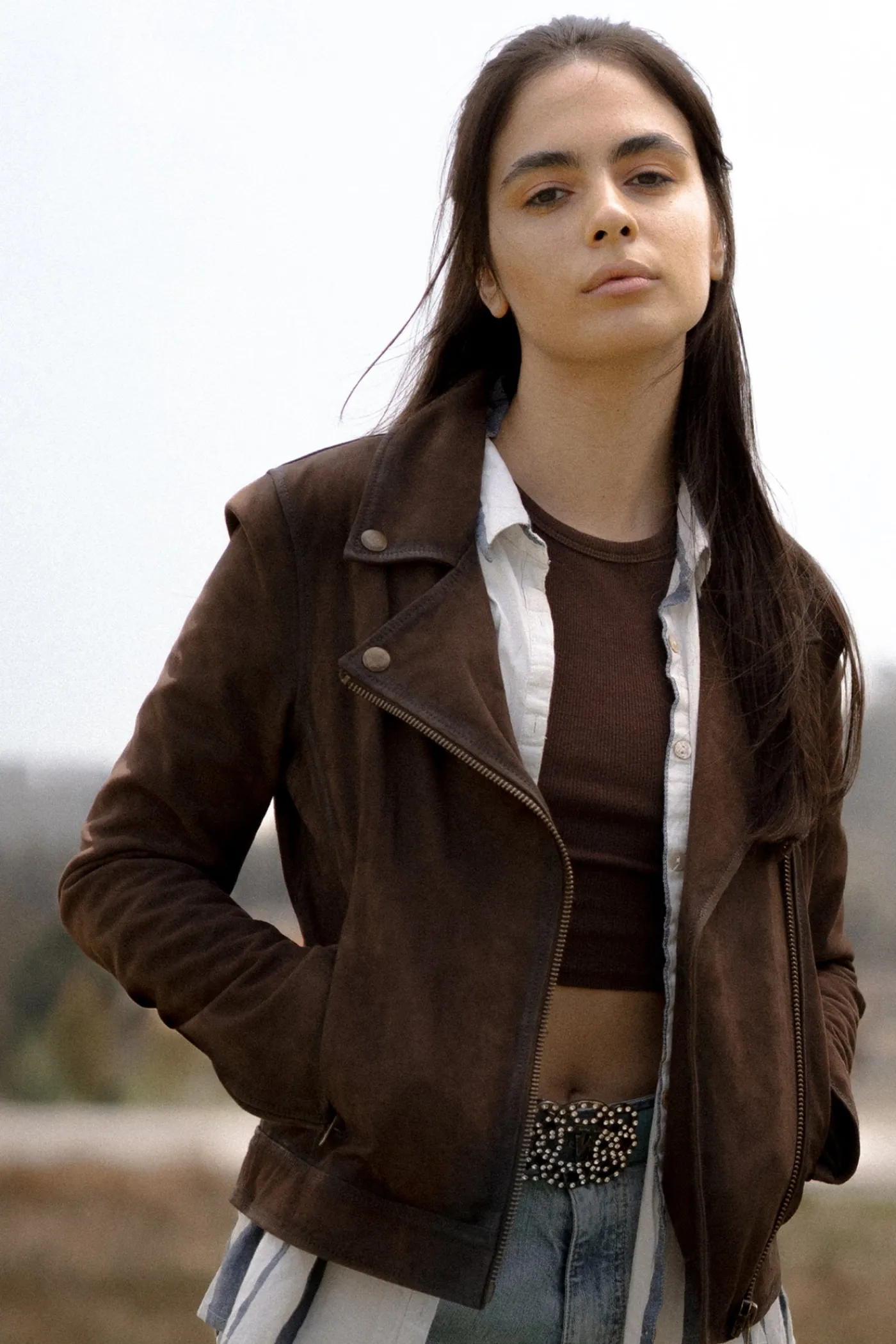 Store Frye Elegant Biker Leather Jacket Dark Brown