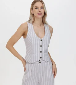 Store Frye Linen Striped Button Vest Natural Sand Stripe