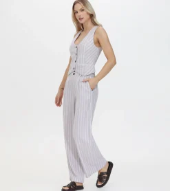 Store Frye Linen Striped Button Vest Natural Sand Stripe