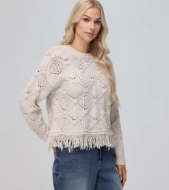 Cheap Frye Pointelle Fringe Pullover Oatmeal Heather