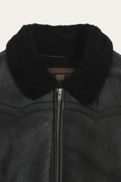 Online Frye Women's Leather Jacket With Sherling Collar And Cuffs Black