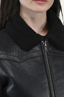 Online Frye Women's Leather Jacket With Sherling Collar And Cuffs Black