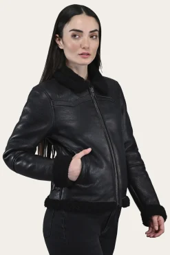 Online Frye Women's Leather Jacket With Sherling Collar And Cuffs Black