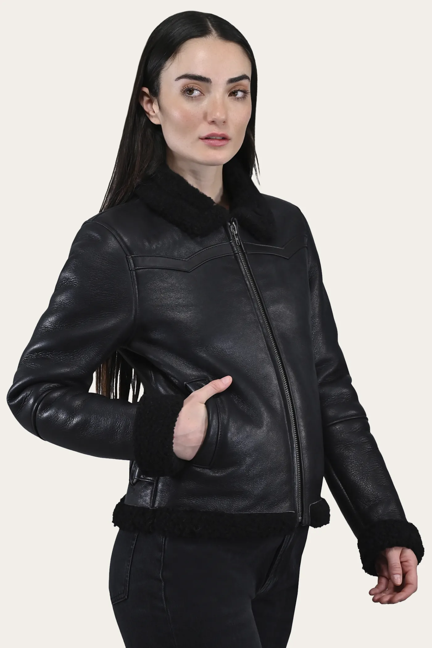 Online Frye Women's Leather Jacket With Sherling Collar And Cuffs Black