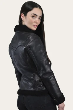 Online Frye Women's Leather Jacket With Sherling Collar And Cuffs Black